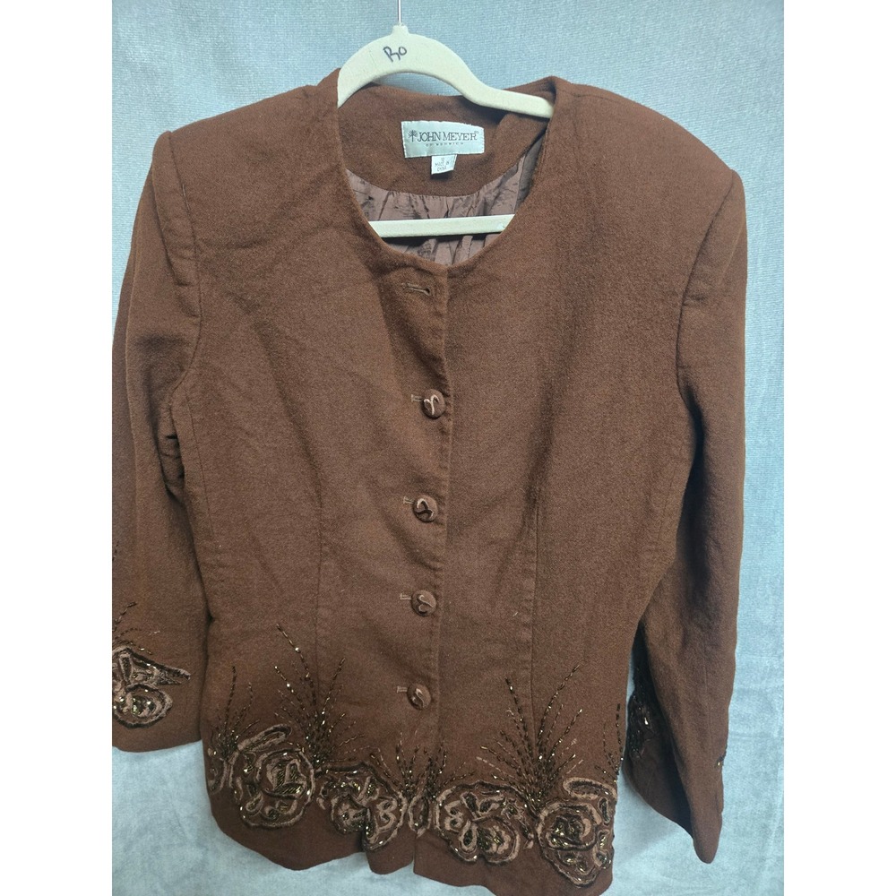 2pc Vintage John Meyer of Norwich Wool Skirt Suit Brown Beaded Floral 18 Blazer